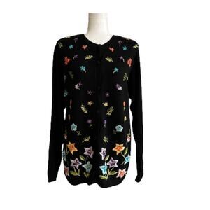 Vintage Panther Cardigan Sweater Black Multicolor Floral Embroidery Medium NEW
